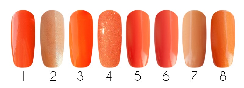 Оранжевый цвет гель-лака и лака для ногтей.