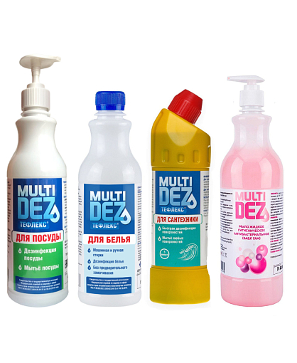 МультиДез, набор жидкое мыло, средства для мытья посуды, стирки и мытья сантехники (4 шт по 500 мл)