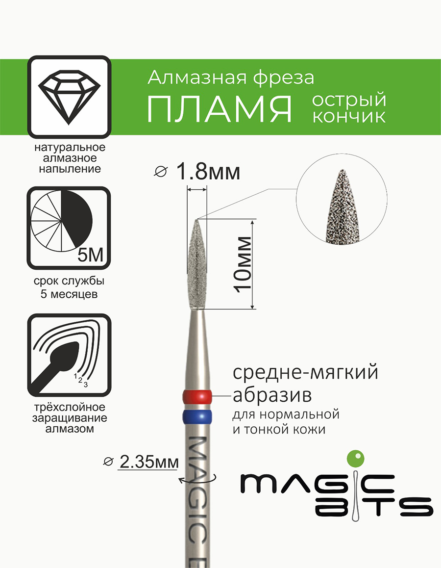 Magic Bits, алмазное пламя острый кончик (1.8 мм средне-мягкое) Magic Bits, алмазное пламя острый кончик (1.8 мм средне-мягкое)