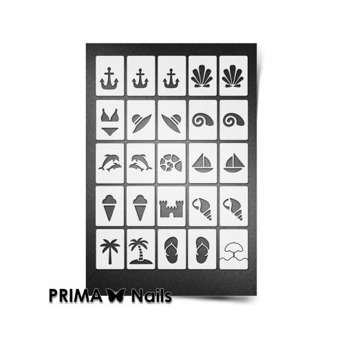 PrimaNails, Трафарет для дизайна ногтей (Пляж), мини формат
