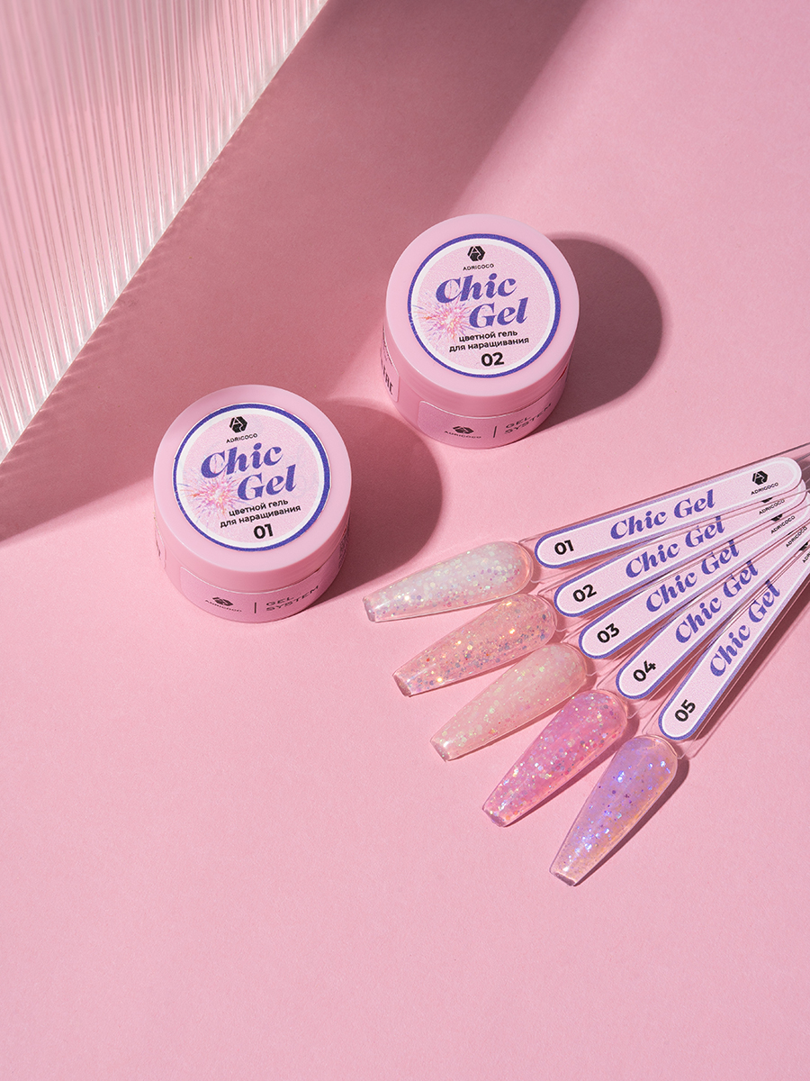Adricoco, набор №92 гель для наращивания камуфлирующий с глиттером Chic Gel (5 оттенков по 15 мл)