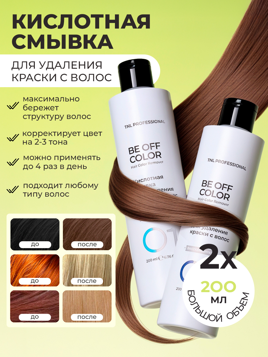 TNL, Be Off Color - набор кислотной смывки для удаления краски с волос, 2 шт х 200 мл