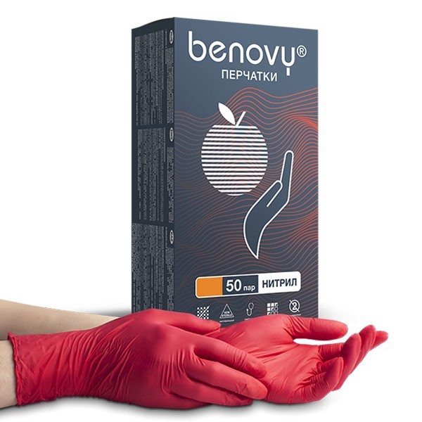 Benovy, Nitrile MultiColor - перчатки нитриловые (красные, M), 50 пар