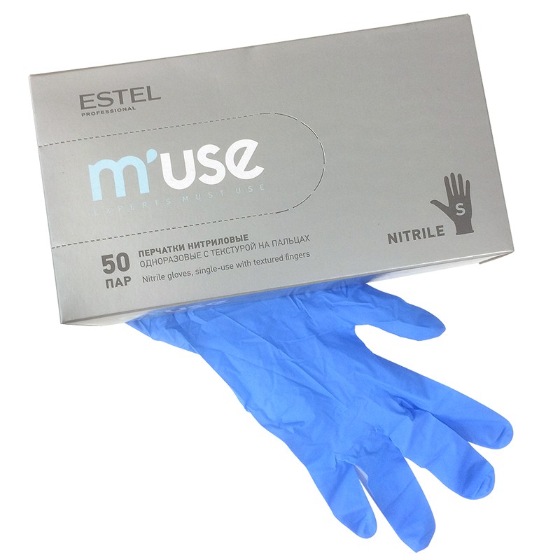 Estel, M’USE - перчатки нитриловые одноразовые с текстурой на пальцах (голубые, L), 100 шт