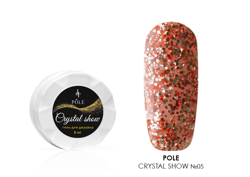 POLE, Crystal show - гель для дизайна (№05 Сверкающий красный), 6 мл