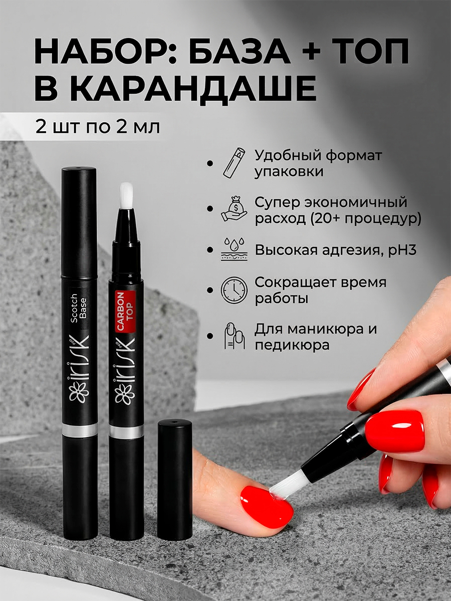 Irisk, набор №92 база-подложка и сверхпрочный топ для гель-лака в карандаше (2 шт по 2 мл)