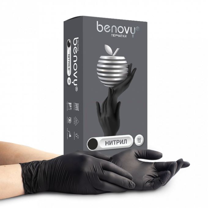 Benovy, Nitrile Chlorinated - перчатки нитриловые (черные, L), 50 пар