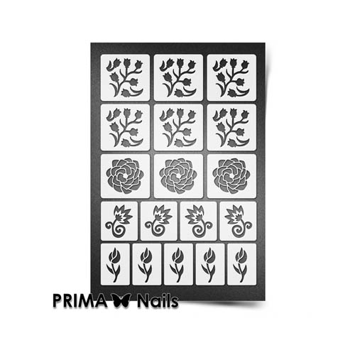 PrimaNails, Трафарет для дизайна ногтей (Цветочный микс-1), мини формат