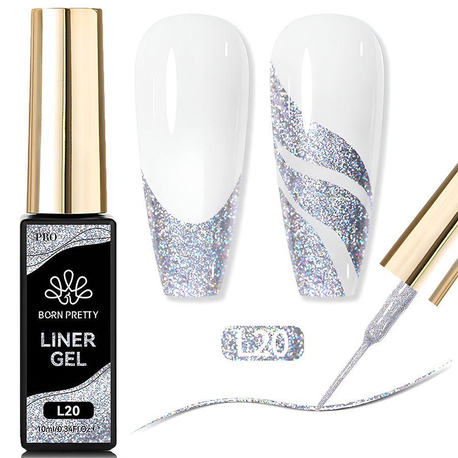 Born Pretty, Glitter Liner Gel - гель-лак с тонкой кистью для дизайна ногтей L20, 10 мл Born Pretty, Glitter Liner Gel - гель-лак с тонкой кистью для дизайна ногтей L20, 10 мл