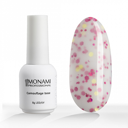 Monami, Camouflage base Pretty Milk - полупрозрачная база с блёстками розового и жёлтого цвета, 8 гр