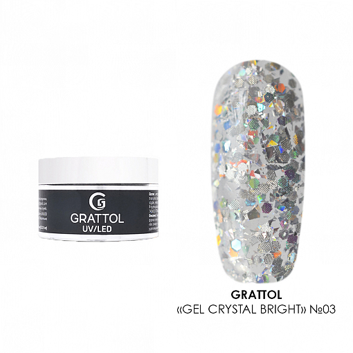 Grattol, Gel Crystal Bright - гель со светоотражающим глиттером №03, 15 мл