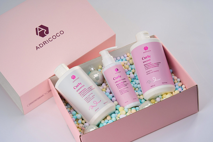 Набор в подарочном боксе Adricoco №3 (шампунь, бальзам, флюид для кудрявых, вьющихся волос)