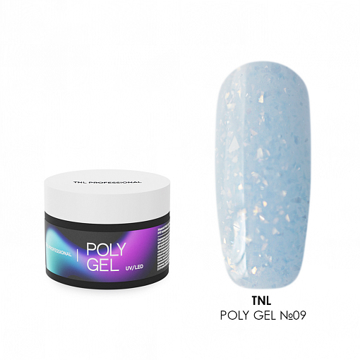 TNL, Poly Gel - жидкий полигель с жемчужной поталью и шиммером №09 (голубой), 30 мл