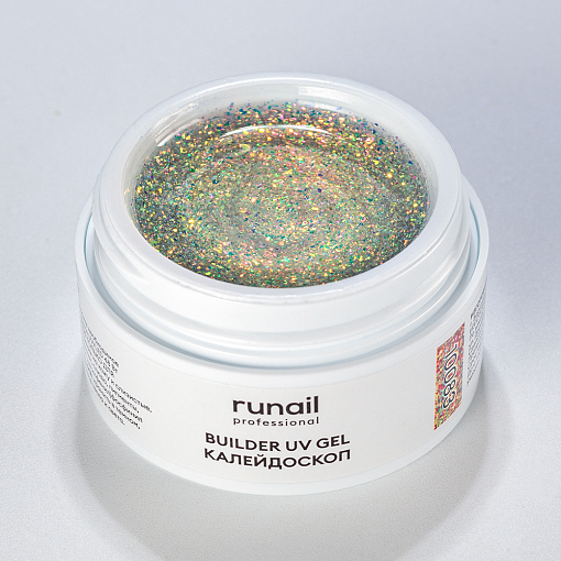 RuNail, моделирующий УФ-гель с эффектом битого стекла BUILDER UV GEL Калейдоскоп №10083, 15 гр