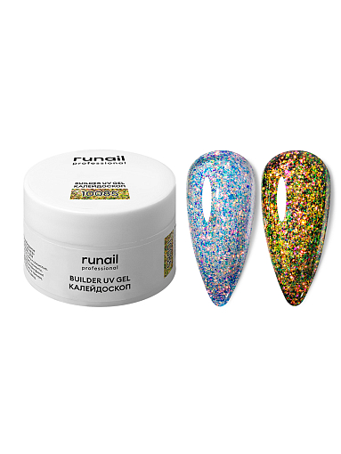 RuNail, моделирующий УФ-гель с эффектом битого стекла BUILDER UV GEL Калейдоскоп №10085, 15 гр