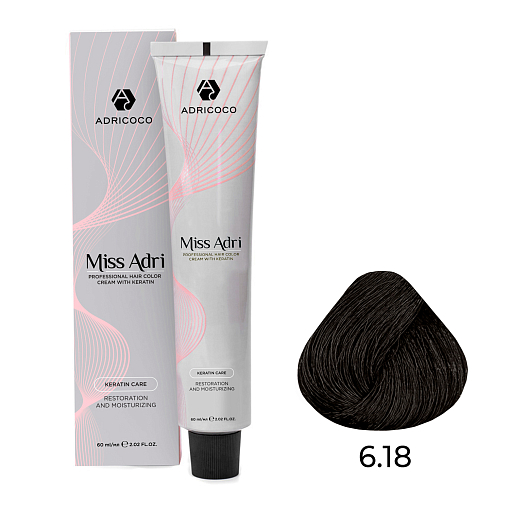 Adricoco, Miss Adri - крем-краска для волос (6.18 Темный блонд пепельный шоколадный), 60 мл