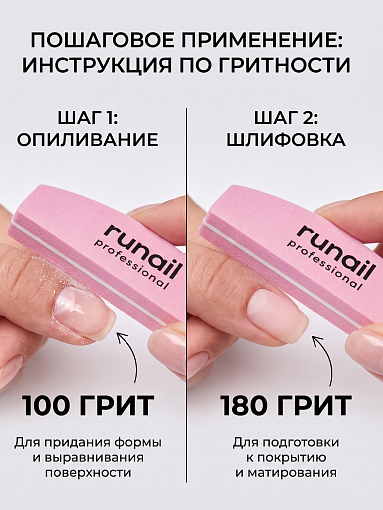 RuNail, мини-шлифовщик одноразовый (розовый, полукруглый, 8,5 см, 100/180), 20 шт