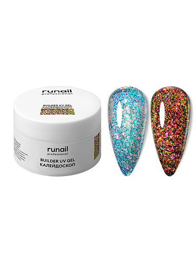 RuNail, моделирующий УФ-гель с эффектом битого стекла BUILDER UV GEL Калейдоскоп №10083, 15 гр