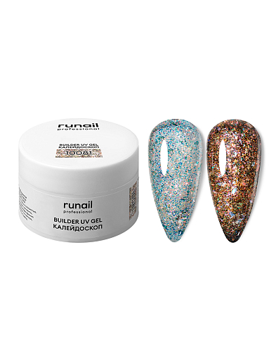 RuNail, моделирующий УФ-гель с эффектом битого стекла BUILDER UV GEL Калейдоскоп №10081, 15 гр