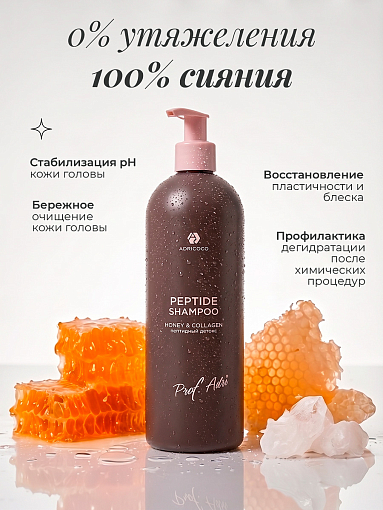 Adricoco, Prof Adri - пептидный крем-шампунь для волос с экстрактом меда и коллагеном, 1000 мл
