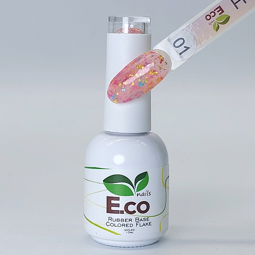 E.co Nails, Rubber Base Colored Flake - базовое каучуковое покрытие для гель-лака №01, 10 мл