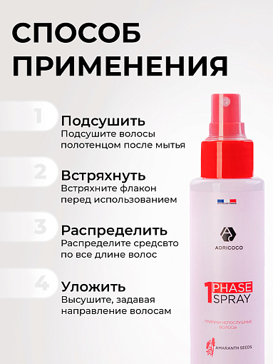 Adricoco, однофазный спрей для легкого расчесывания с протеинами семян амаранта, 250 мл