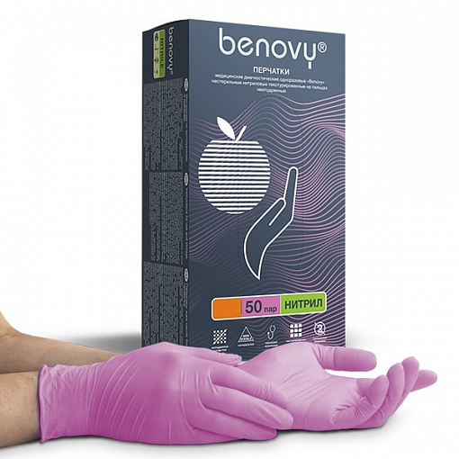 Benovy, Nitrile MultiColor - перчатки нитриловые (розовые, L), 50 пар