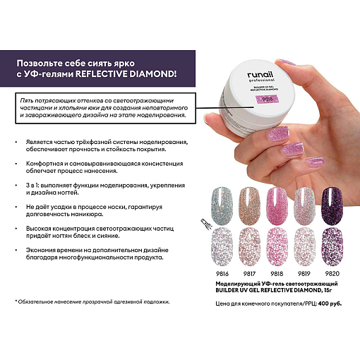 RuNail, BUILDER UV GEL REFLECTIVE DIAMOND - моделирующий УФ-гель светоотражающий №9820, 15 гр