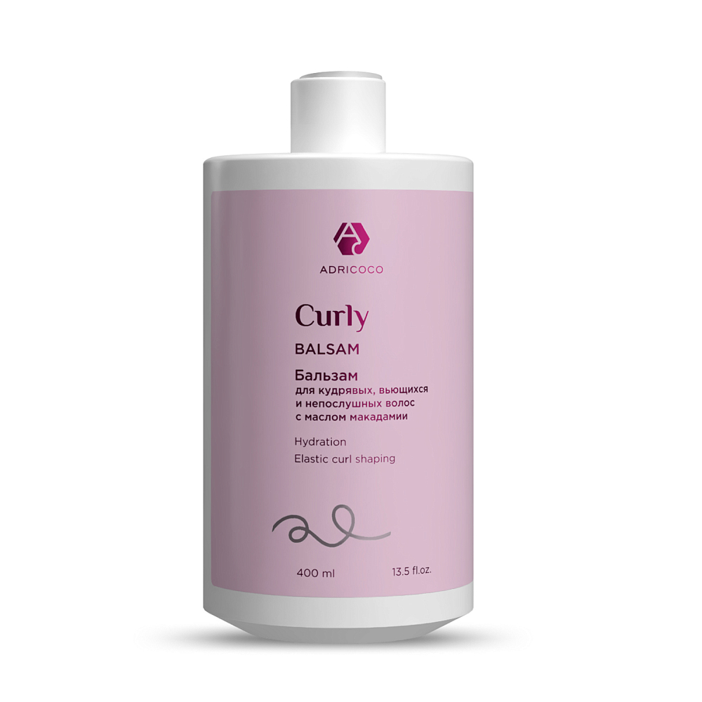 Adricoco, CURLY - бальзам для кудрявых, вьющихся и непослушных волос с маслом макадамии, 400 мл