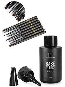 TNL, набор №141 каучуковая база для гель-лака Rubber base coat, кисти для росписи (Black)