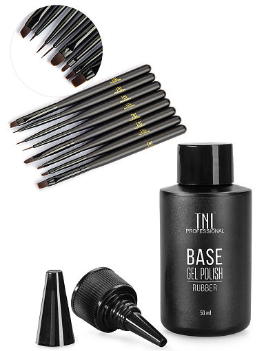 TNL, набор №141 каучуковая база для гель-лака Rubber base coat, кисти для росписи (Black)