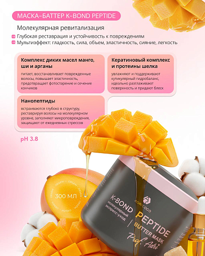 Adricoco, Prof Adri K-Bond Peptide - восстанавливающая маска-баттер для волос, 300 мл