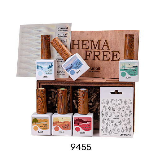 RuNail, набор гель-лак Hema Free в деревянной коробке №9455 (слайдер, наклейки на типсы)