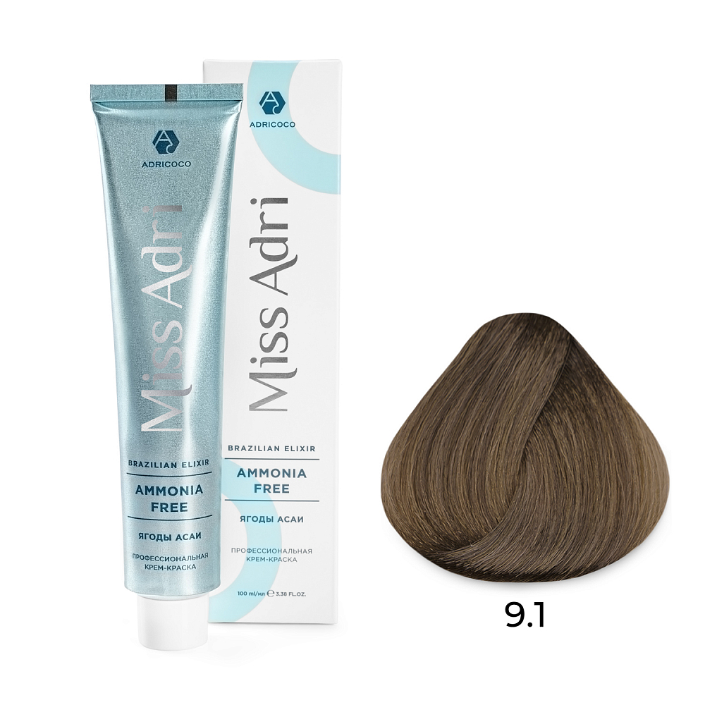 Adricoco, Miss Adri Brazilian Elixir Ammonia free - крем-краска для волос (оттенок 9.1), 100 мл