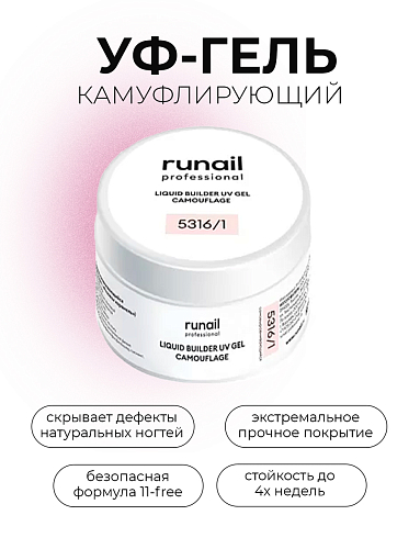 Runail, камуфлирующий жидкий Уф-гель самовыравнивающийся №5316/1 (Розовая карамель), 15 мл
