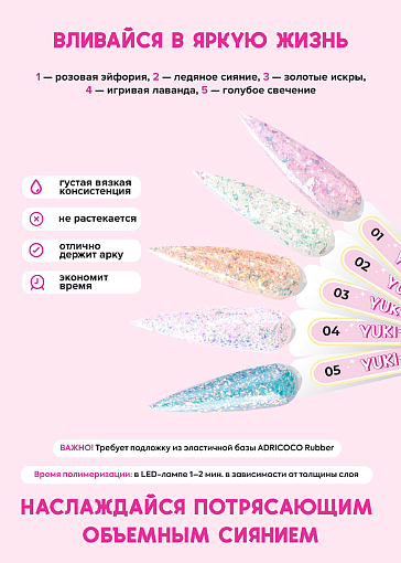 Adricoco, набор №65 жесткий гель для наращивания с хлопьями юки (5 оттенков по 15 мл)