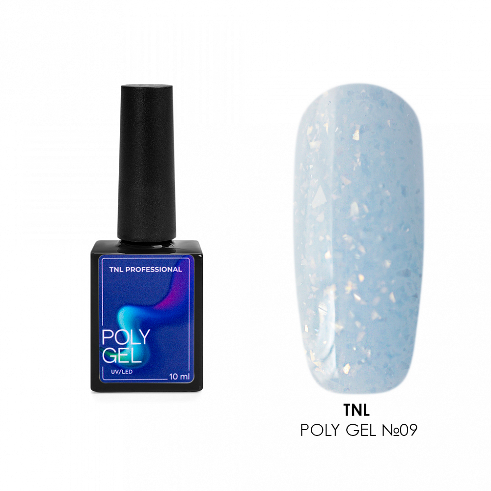 TNL, Poly Gel - жидкий полигель с жемчужной поталью и шиммером №09 (голубой), 10 мл