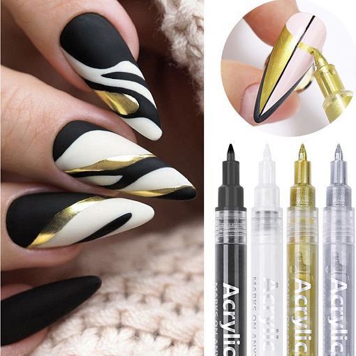 Born Pretty, набор маркеров для ногтей (черный, белый, золото, серебро)