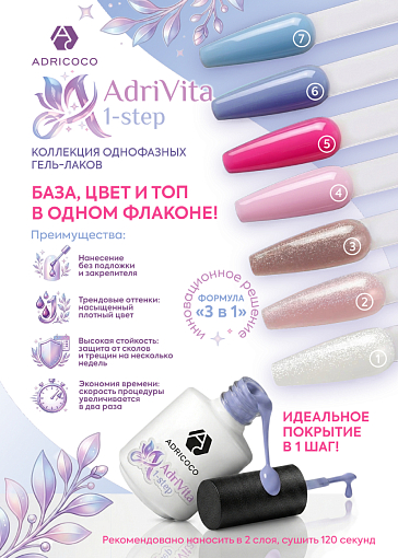 Adricoco, AdriVita 1-Step - однофазный гель-лак с №7 (небесный кристалл), 8 мл