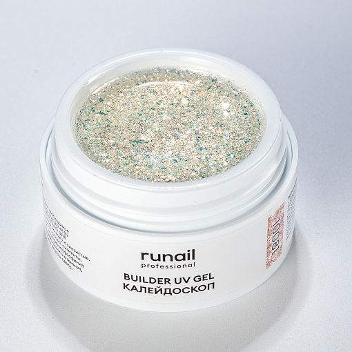 RuNail, моделирующий УФ-гель с эффектом битого стекла BUILDER UV GEL Калейдоскоп №10081, 15 гр