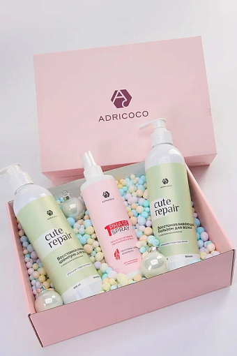 Набор в подарочном боксе Adricoco №4 (восстанавливающий шампунь, бальзам, спрей для волос)