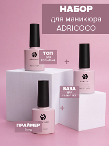 Adricoco, набор №3 топ, база для гель-лака и бонд праймер бескислотный (3 шт по 8 мл)
