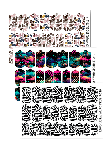 Anna Tkacheva, набор №124 наклейки пленки для дизайна ногтей (листья, узоры, животный принт), 3 шт