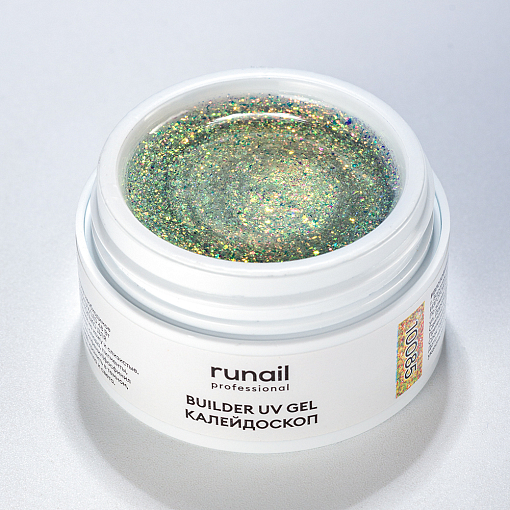 RuNail, моделирующий УФ-гель с эффектом битого стекла BUILDER UV GEL Калейдоскоп №10085, 15 гр