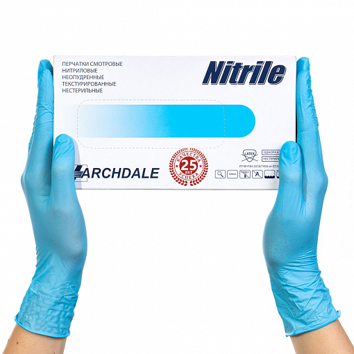 Archdale, перчатки для маникюриста нитриловые Nitrimax 132HL (неопуд., голубые, L), 50 пар