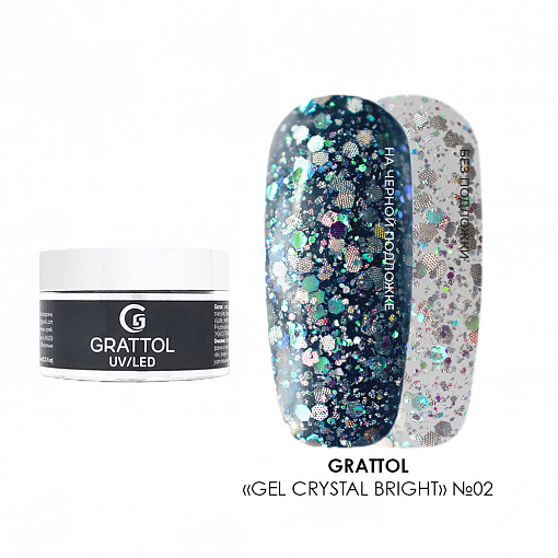 Grattol, Gel Crystal Bright - гель со светоотражающим глиттером №02, 15 мл