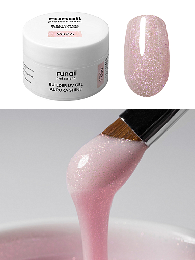 RuNail, BUILDER UV GEL AURORA SHINE - моделирующий УФ-гель c шиммером №9826, 15 гр