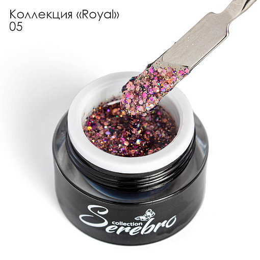 Serebro, Royal - гель-лак с переливающимися многогранниками и блестками №05, 5 мл