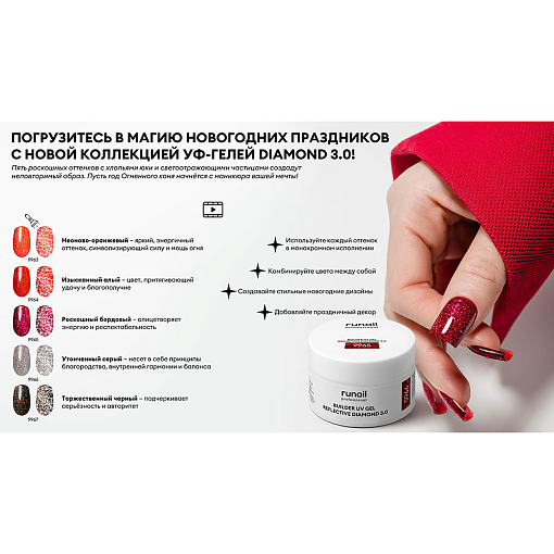 RuNail, BUILDER UV GEL REFLECTIVE DIAMOND 3.0 - моделирующий УФ-гель светоотражающий №9967, 15 гр