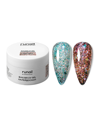 RuNail, моделирующий УФ-гель с эффектом битого стекла BUILDER UV GEL Калейдоскоп №10082, 15 гр